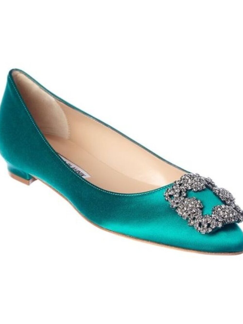 Manolo Blahnik Hangisi Green Satin Flat